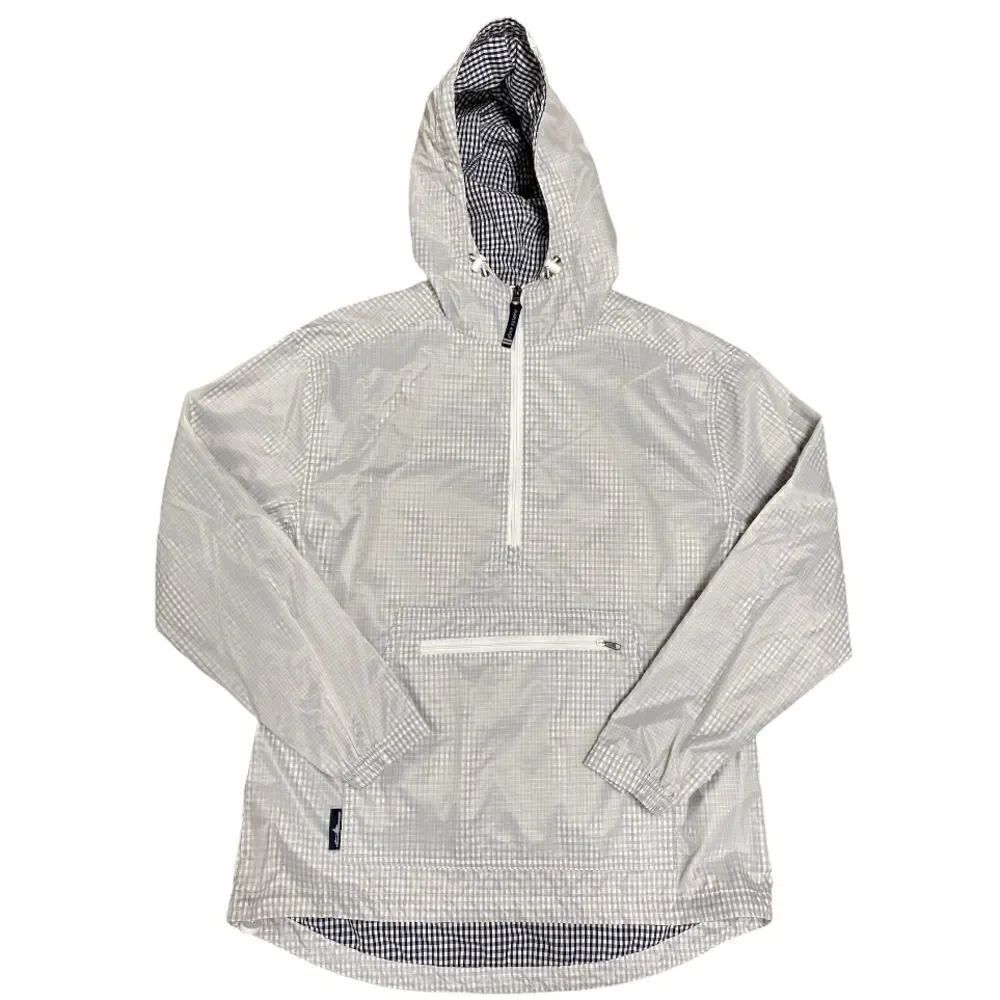 Charles Rivers White & Navy Checked 3/4 Zip Pullover Hooded Windbreaker Size M